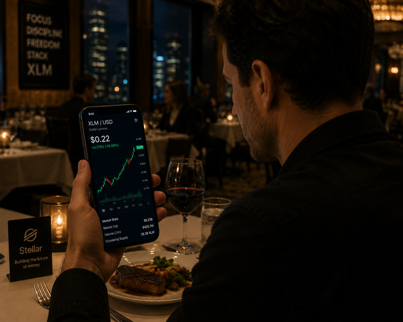 Analyzing Stellar chart on his phone
