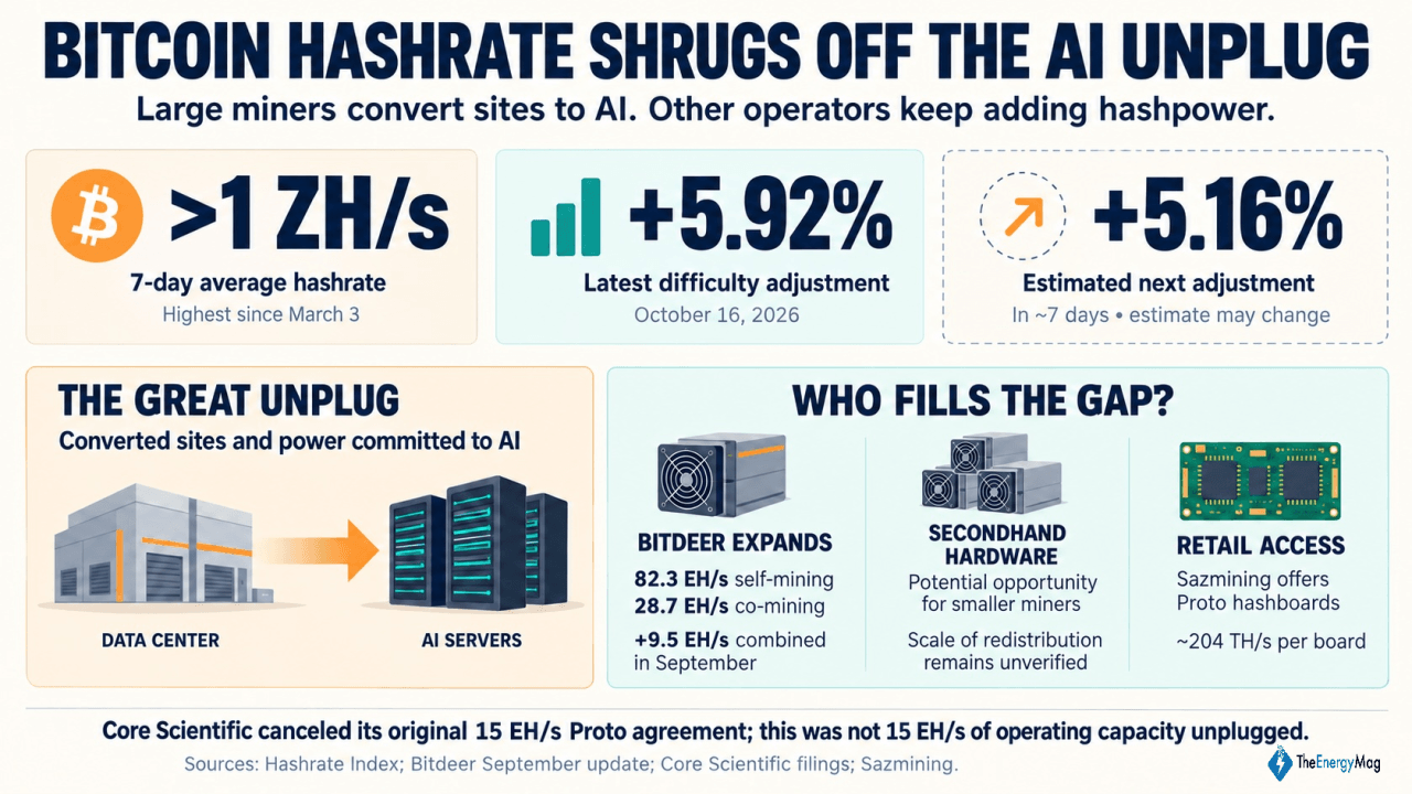 Bitcoin Hashrate Shrugs off the AI Unplug, Regaining 1 ZH/s Level
